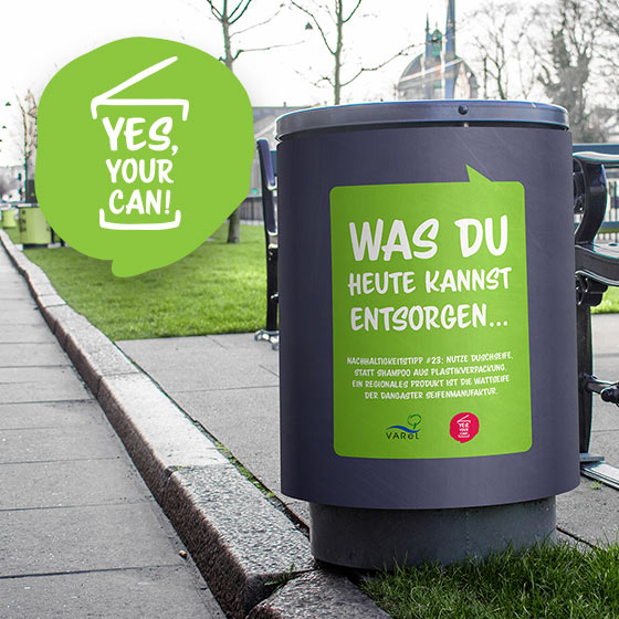beklebte Mülleimer des Agenda Projekts Yes your can.